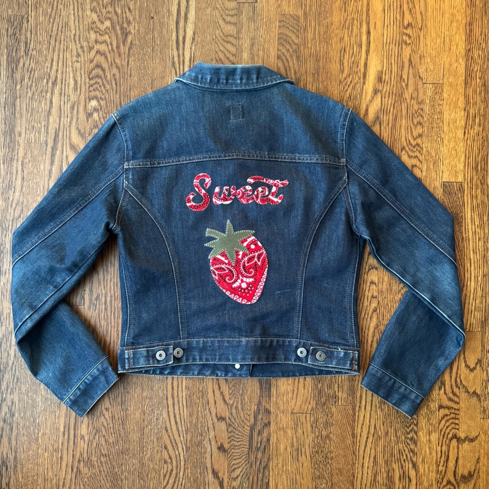 Reworked Gap Jean Jacket with Upcycled Bandana Appliqué S